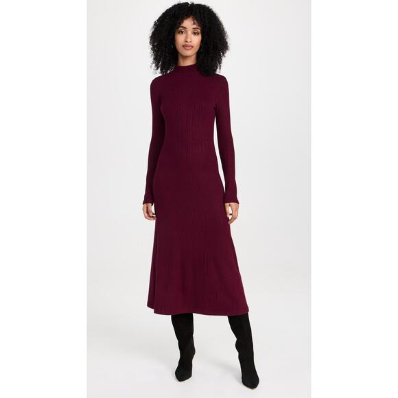 Vince Ribbed Knit Long Sleeve Mock Neck Dress Cassis - S